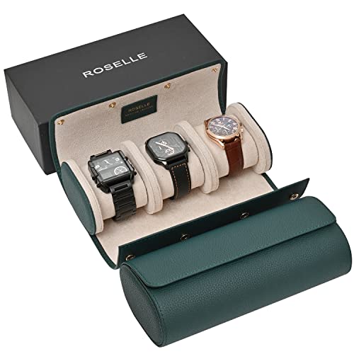ROSELLE Genuine Leather Watch Roll Travel Case - Watch Roll Case For 3 Watches With Luxury Lining - Protect, Travel,Store, & Display Fine Watches (3 slot Green) - color: Green/ White-3