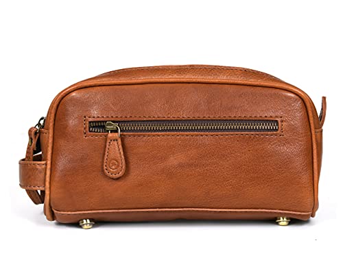 Leather Toiletry Bag for Men | Grooming Travel Kit | With Waterproof Lining | By Aaron Leather Goods - color: Tawny