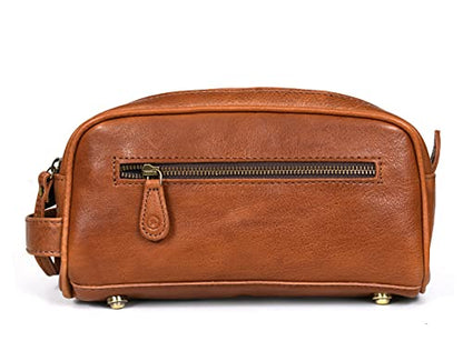 Leather Toiletry Bag for Men | Grooming Travel Kit | With Waterproof Lining | By Aaron Leather Goods - color: Tawny