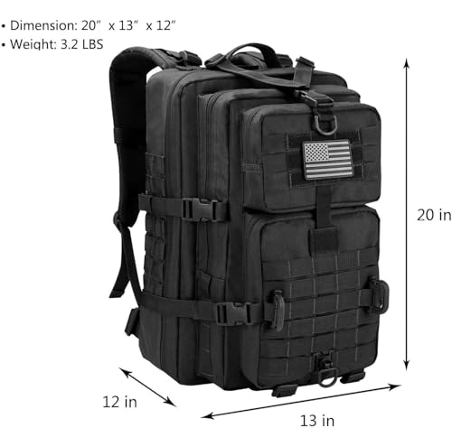 Hannibal Tactical MOLLE Assault Backpack, Tactical Backpack Military Army Camping Rucksack, 3-Day Pack, D-Rings, Black with Gray Patch - color: Black With Grey