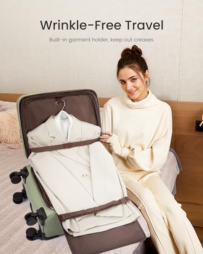LOVEVOOK Carry on Luggage 22x14x9 Airline Approved with Garment Folder & Spinner Wheels, 22 Inch Large Rolling Carry-on Suitcase, Softside Lightweight Underseat Luggage for Women Travel Overnight, 49L - color: Green-beige, size: 22 Inch With Garment Compa