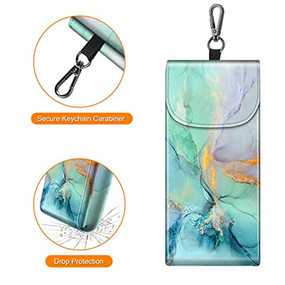 FINTIE Double Glasses Case with Carabiner Hook, Portable Vegan Leather Eyeglass Case Anti-scratch Sunglasses Pouch - color: Emerald Marble