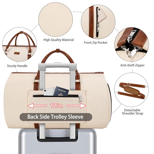Convertible 2-in-1 Garment Bags for Travel, 50L Carry On Garment Duffle Bag With Shoe Compartment Large Weekender Bag for Women Men Hanging Suitcase Suit Travel Duffel Overnight Bags - color: 1-Off White