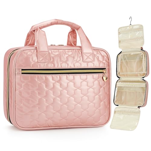 Travel Toiletry Bag, Hanging Makeup Organizer with Hook, Water-Resistant Cosmetic Bag, Fits Full-Size Shampoo & Conditioner Bottles, for Women & Men, Makeup Accessories & Brushes (Pink, Large) - color: Pink, size: Large