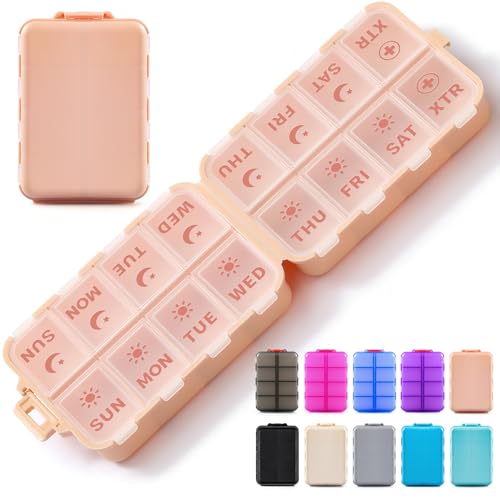 Foldable Weekly Pill Organizer 2 Times a Day with 2 Extra Compartments - Etched Labels - Portable 7 Day AM PM Medicine Box, Week Daily Travel Pill Case Holder Dispenser for Vitamin, Supplement - Pink - color: Pink, size: AM & PM & EXTRA