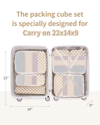 Narwey 6 Set Compression Packing Cubes for Travel Women Men, Travel Cubes for Carry On Suitcase, Durable Compression Luggage Organizer Bags - color: Z-Light Checkerboard