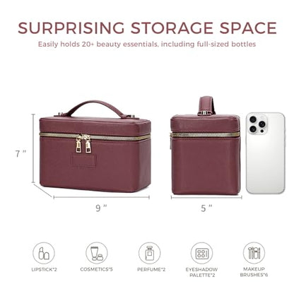 Makeup Bag Vanity Case for Women – Portable Cosmetic Bag Makeup Bag Organizer Travel Toiletry Bag with Removable Divider - color: Burgundy