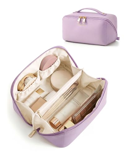 BAGSMART Makeup Bag Travel Cosmetic Bag, Large Make Up Bag Flat Open Toiletry Bag for Women, PU Leather Travel Essentials Organizer Case, Wide-open Pouch Purse for Skincare, Brushes, Lilac - color: 16- Lilac