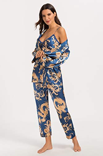 Escalier Women's Silk Satin Pajamas Set 3 Pcs Floral Silky Pj Sets Sleepwear Cami Nightwear with Robe and Pant - color: Navy, size: Medium