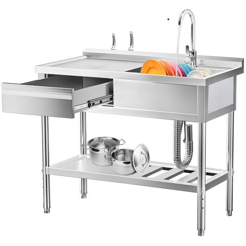 304 Stainless Steel Utility Sink – Free Standing Single Bowl with Workbench, Storage Drawer & Faucet, Hot and Cold Water Pipes for Laundry Room, Farmhouse, Outdoor Use - color: 39'' Sink Left Drawer