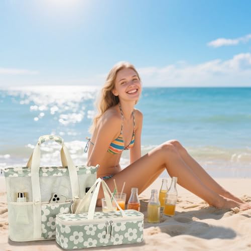 Bluboon Mesh Beach Tote Bag with Cooler Compartment Insulated Detachable Picnic Bag with Zipper and Pocket Pool Bag for Women - color: Flower 157 Green