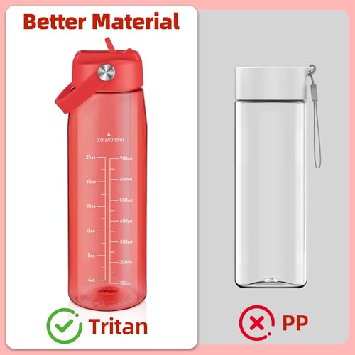 OLDLEY 32 oz Water Bottle with Straw, Leakproof Sports Water Bottle with Carry Strap, BPA-Free Large Water Bottles for Home,Travel, School, Outdoors, Gym, Tritan,Red - color: Red