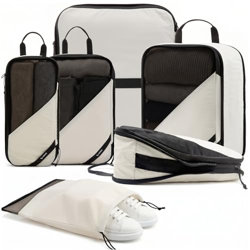 LUGGEX Compression Packing Cubes for Travel, 6 Set Lightweight Luggage Organizer Bags with Shoe Bag, Space Saving Suitcase Packing Cubes for Carry-On with Breathable Mesh, Double-Zipper (POX01, Beige) - size: 6 Set - 1 Xlarge & 2 Large Cubes