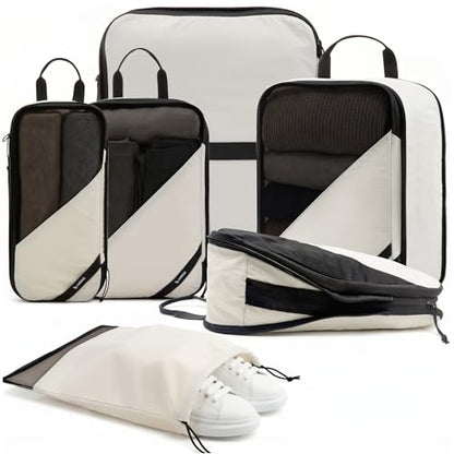 LUGGEX Compression Packing Cubes for Travel, 6 Set Lightweight Luggage Organizer Bags with Shoe Bag, Space Saving Suitcase Packing Cubes for Carry-On with Breathable Mesh, Double-Zipper (POX01, Beige) - size: 6 Set - 1 Xlarge & 2 Large Cubes