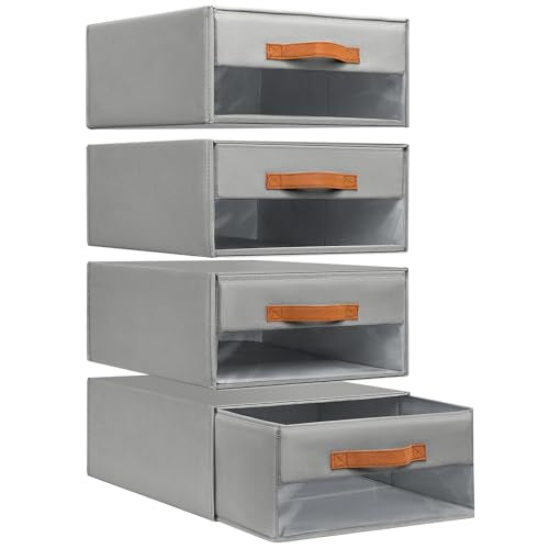 DIMJ Closet Organizers and Storage - Fabric Bins with Drawers for Closet Foldable Clothes Organizers with Clear Window, Stackable Storage Drawers Units for Bedroom, Living Room, 4-Pack, Grey - color: Grey, size: Large - 4 Pack