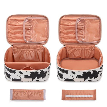 Montana West X Wrangler Travel Makeup Bag 2pcs Set Large Cosmetic Bag with Makeup Brush Holder Portable Make Up Organizer Cute Toiletry Bag with Divider and Handle for Women - color: Cow-Black
