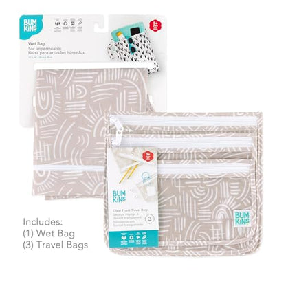 Bumkins - Waterproof Wet Bag & Clear Travel Bags - For Beach, Baby, Travel, Swim Suit, Cloth Diapers, Pump Parts, Pool, Gym, Toiletries - Reusable & Easy to Clean - Boho Beige - 4 Pack - color: Boho Beige 4pc