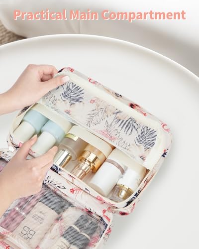Narwey Small Hanging Travel Toiletry Bag for Women, Travel Bag for Toiletries, Makeup Bag Organizer Cosmetic Bags Make Up Bags for Girls - color: Beige Flamingo