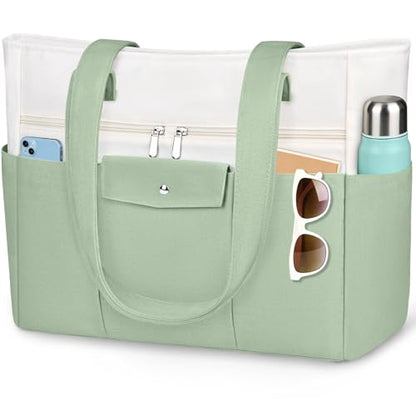 Beach Bags for Women Large Canvas Beach Tote with Zipper Wet Pocket, Waterproof Foldable Swim Pool Travel Tote Bags - color: Grass Green