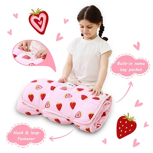Lasoftan Toddler Nap Mat with Pillow and Blanket, Extra Large Rolled Napping Mats,Slumber Bags for Boys Girls,Kids Sleeping Bag for Daycare, Preschool Travel Camping - color: Pink Strawberry