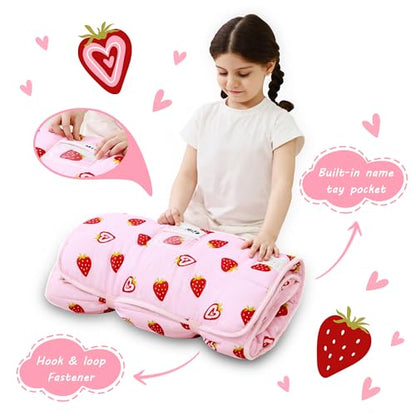 Lasoftan Toddler Nap Mat with Pillow and Blanket, Extra Large Rolled Napping Mats,Slumber Bags for Boys Girls,Kids Sleeping Bag for Daycare, Preschool Travel Camping - color: Pink Strawberry