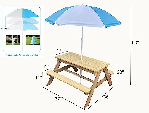 BTExpert Kids 3-in-1 Sand Water Activity Table Wooden Outdoor Convertible Picnic Table Bench Adjustable Umbrella Removable Top 2 Play Boxes Toy Set 37 x 35 in - color: Clear, size: 37 x 35 in