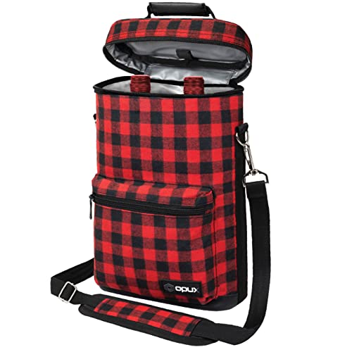 Opux 2 Bottle Wine Tote Carrier, Insulated Cooler Bag for Travel Picnic, Leakproof Padded Case, Wine Gifts for Women & Men, Plaid Buffalo Red - color: Buffalo Plaid Red