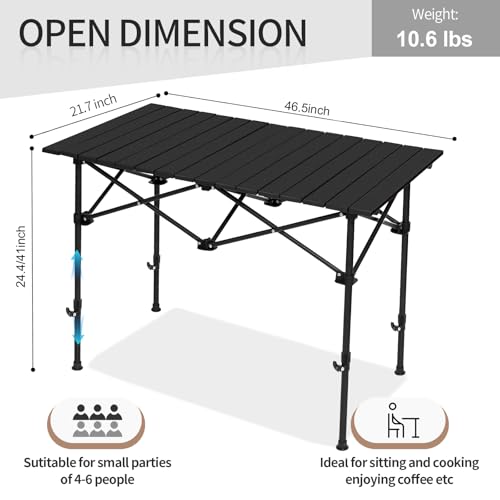 SHANQUAN Folding Camping Table, 46.5 × 21.7 Inches Portable Camp Table Aluminum Fold Up Lightweight Roll Up Table Adjustable Height with Carry Bag for Camping, Picnic, Backyard, BBQ, Patio, Black - size: 47.2*26.8 inch