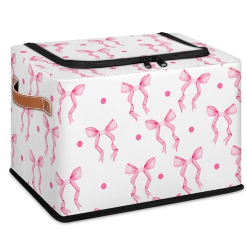 Storage Bins With Zipper Lid, Collapsible Trunk Organizer, Car Organizers and Storage Bins with Lids, Decorative Storage Boxes with Handle, Home Storage Baskets for Organizing (Pink Bow Ribbon) - color: Pink Bow Ribbon