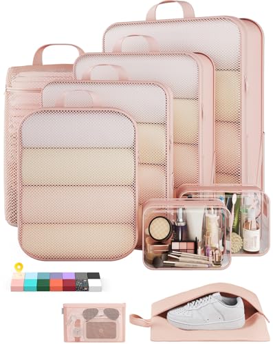 Veken 9/11 Set Compression Packing Cubes for Travel Essentials,Compressible Expandable Large Luggage Suitcase Organizer Bags for Clothing,Durable Space Saver Storage Bags with Toiletry Bags(Beige) - color: Beige, size: 9 set