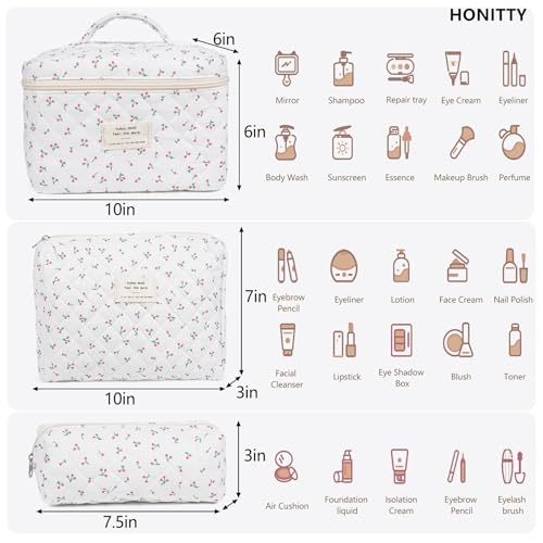 Makeup Bag,Quilted Cosmetic Bag,Large Floral Make Up Bag for Women,Cotton Makeup Bag Set,Flower Travel Toiletry Bag - color: Cherry