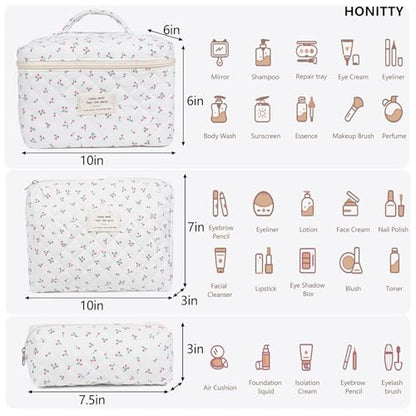 Makeup Bag,Quilted Cosmetic Bag,Large Floral Make Up Bag for Women,Cotton Makeup Bag Set,Flower Travel Toiletry Bag - color: Cherry