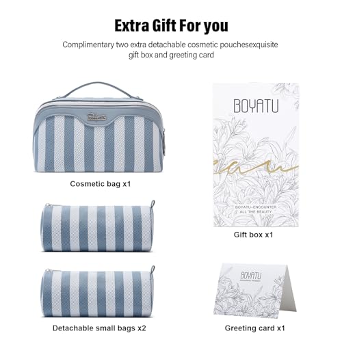 BOYATU Travel Makeup Bag Cosmetic Bag for Women: 3 Pcs Set Striped Make up Bag with Compartments - Waterproof Vegan Leather Toiletry Bags with Handle - Makeup Organizer for Travel Essentials(A-1-Blue) - color: A-1-Blue