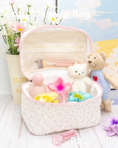 3PCS Makeup Bag SET Large Travel Quilted Zipper Soft Cosmetic Case Pouch for Women Girls Make Up,Little Flower Pink - color: Little Flower Pink, size: 3 PCS SET