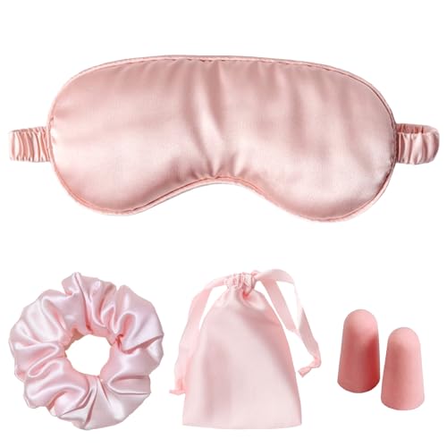 Silk Satin Sleeping Eye Mask, Pink Sleep Eye Mask Night Blindfold for Women and Men, Soft Breathable Blackout Eyeshade Eye Cover for Travel, Wedding Bridesmaid Gift - color: Pink
