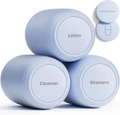 New Travel Toiletry Containers [Ultra Leakproof] TSA-Approved, PLA Hard Shell Jars with 5 Magnetic Labels, Wide Mouth Bottles for Lotion, Cleanser, Shampoo, Conditioner, Blue, 3 Pack, 2OZ - color: Blue, size: 2 oz / 60 ml