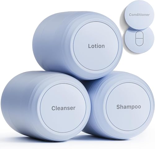New Travel Toiletry Containers [Ultra Leakproof] TSA-Approved, PLA Hard Shell Jars with 5 Magnetic Labels, Wide Mouth Bottles for Lotion, Cleanser, Shampoo, Conditioner, Blue, 3 Pack, 2OZ - color: Blue, size: 2 oz / 60 ml