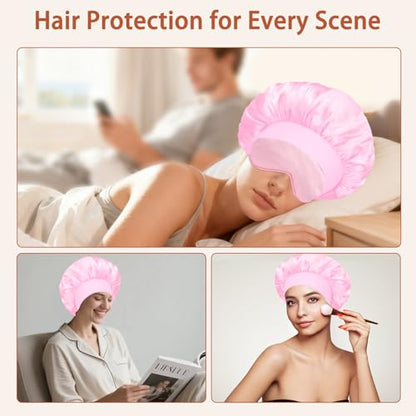 Satin Hair Bonnet Set for Sleeping, Hair Wrap Sleep Bonnets for Women Sleeping, Soft Bonnet for Long Hair, 4 PCS - color: Pink2