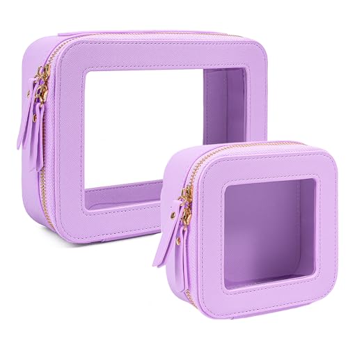 Travel Clear Makeup Bag Set, TSA Approved Cosmetic Bag Case with Zipper Portable Makeup Pouch Toiletry Bag Traveling Cosmetic Organizer Storage Bag Car Organizer Car Essentials - color: Mini+Large Purple