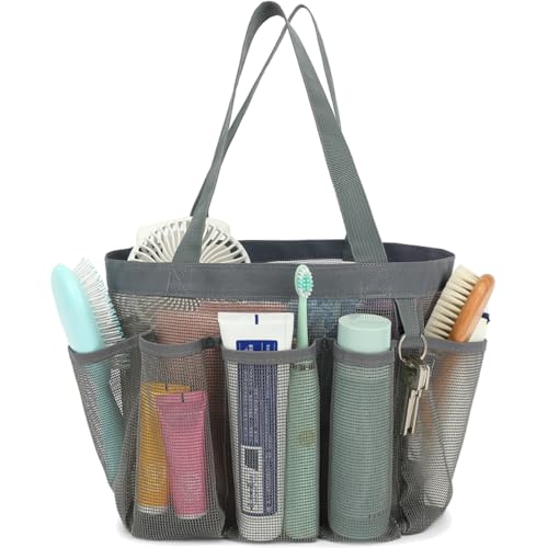 Fammart Mesh Shower Caddy Portable for College Dorm Room Essentials, Odorless Polyester Large Shower Tote Bag with Dual Handles, 8-Pocket Quick-Dry Toiletry Organizer for Travel, Beach, Camping, Gym - color: Multiple Pockets - Grey