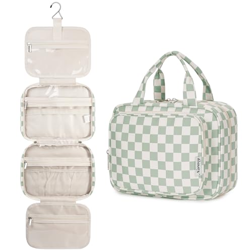 Narwey Hanging Toiletry Bag for Women Travel Checkered Makeup Bag Organizer Toiletries Bag for Travel Size Essentials, Accessories, Brushes, Cosmetics (Green Checkerboard (Medium)) - color: B-Mint Green Checkerboard, style: Medium