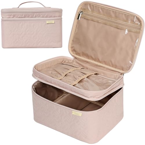 NISHEL Large Double Layer Travel Makeup Bag Women, Cosmetic Case, Organizer for Travel-Size Accessories Bottles, Brushes, Conditioner, and Skin Care Products, Pink - color: Pink, size: Large