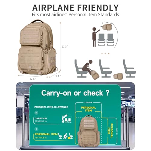 Timeet Tactical Backpack for Men, 21 Inch Khaki 40L Large Capacity, Laser Cut Molle Three Sided Opening, Water Resistant 17 inch Laptop Military Hiking 3 Day Assault Pack - color: Khaki