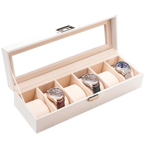 ProCase Watch Box, 6 Slot Mens Watch Case, Watch Storage Holder Organizer, Watch Display Case with Glass Lid, Anniversary Birthday Valentine Gifts for Men Women -6 Slot, White - color: White, size: 6-Slot