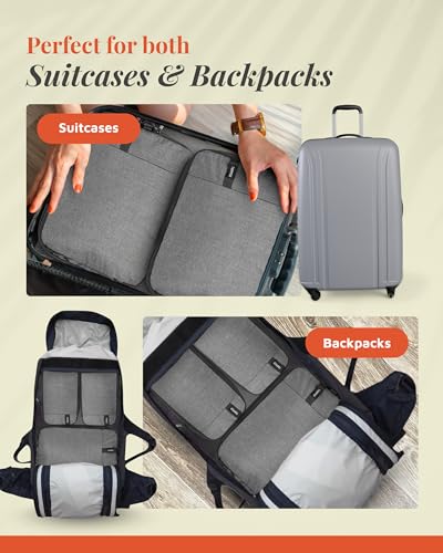Compression Packing Cubes for Travel by TRIPPED – 6-Piece Premium Set with Laundry & Shoe Bag, Space Saving Travel Organizer Bags for Suitcase & Carry-On Luggage (Grey) - color: Grey - 6 Piece