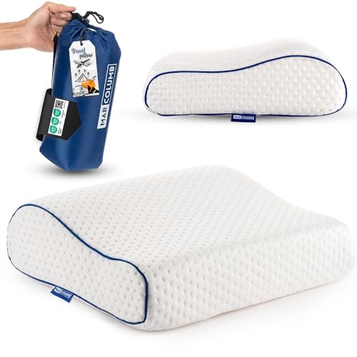 Travel & Camping Comfortable Memory Foam Pillow – Easy to Carry Portable Bag – Temperature Regulating Pillow Case - Perfect for Travelling (White Contour) - color: White Contour