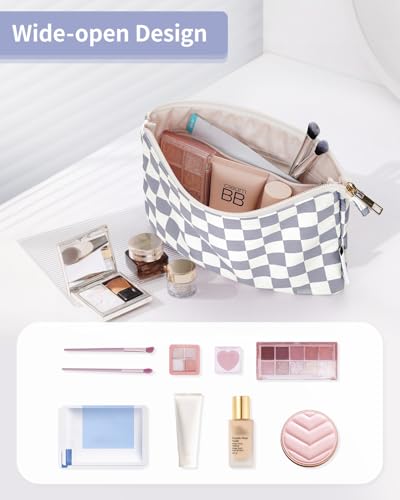 Narwey Small Checkered Makeup Bag for Purse Small Cosmetic Bag Women Travel Makeup Pouch Zipper Pouch (Grayish Blue Checkerboard) - color: AB-Grayish Blue Checkerboard