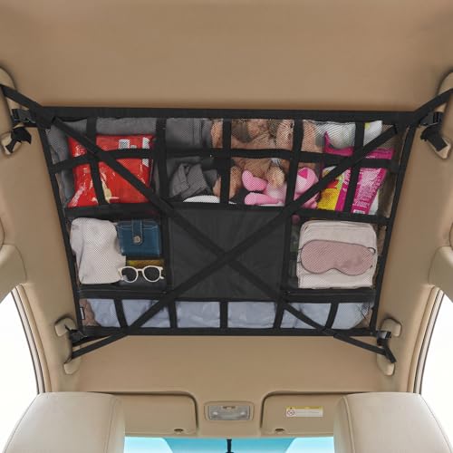 Extra Large Car Ceiling Cargo Net 43.3×27.5 Inch for SUV Minivan Truck Van,Roof Storage Organizer, Overhead Mesh Cargo Holder,Fits Most 4 Handle Vehicles for Road Trip Camping Travel - size: 43.3"×27.5"