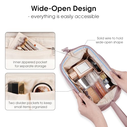 Narwey Large Makeup Bag Women Wide-open Make up Bag Travel Cosmetic Bag Organizer Toiletry Bag for Cosmetics Toiletries Accessories (Dusty Rose) - color: Dusty Rose