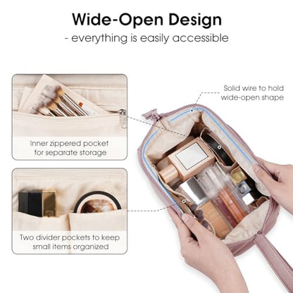Narwey Large Makeup Bag Women Wide-open Make up Bag Travel Cosmetic Bag Organizer Toiletry Bag for Cosmetics Toiletries Accessories (Dusty Rose) - color: Dusty Rose
